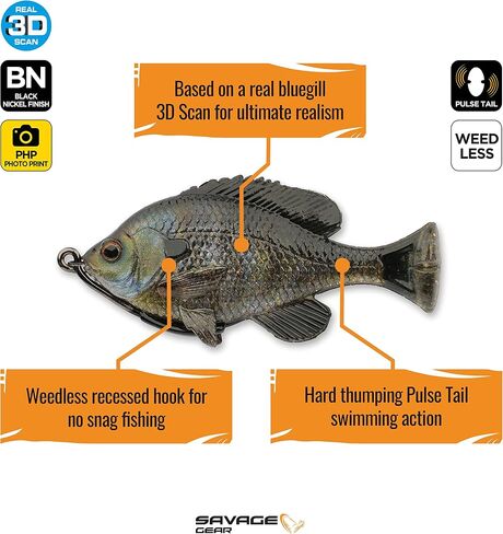 Savage Gear Pulse Tail Bluegill Loosebody Fishing Bait, 1 1/4 oz, Pumpkinseed, Realistic Contours, Colors & Movement, Durable Construction, Heavy-Duty Weighted Fishing Hook, 100% Snag-Free Design in Saudi Arabia