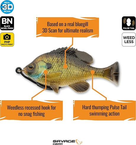 Savage Gear Pulse Tail Bluegill Loosebody Fishing Bait, 1 1/4 oz, Pumpkinseed, Realistic Contours, Colors & Movement, Durable Construction, Heavy-Duty Weighted Fishing Hook, 100% Snag-Free Design in Saudi Arabia