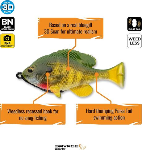 Savage Gear Pulse Tail Bluegill Loosebody Fishing Bait, 1 1/4 oz, Pumpkinseed, Realistic Contours, Colors & Movement, Durable Construction, Heavy-Duty Weighted Fishing Hook, 100% Snag-Free Design in Saudi Arabia