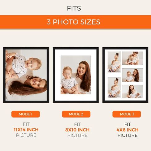 TWING 4 Pack 11x14 Picture Frame with 2 Mat, Black 11x14 Frames Display Pictures 8x10 with 1-Hole Mat, 4x6 with 5-Hole Mat or 11x14 without Mat, Wall Hanging Photo Frame in Kuwait
