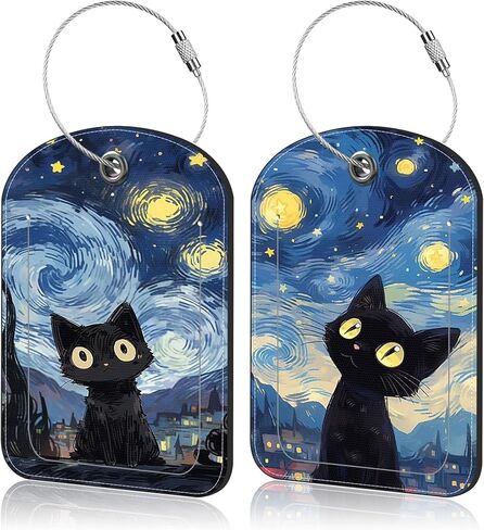 Black Cat Sky Leather Luggage Tag for Suitcase 2 Pack Luggage Tag with Privacy Name ID Label and Stainless Steel Loop for Travel Bag Suitcase in Kuwait
