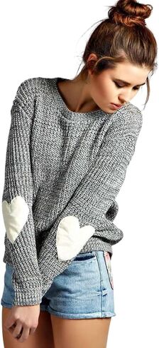 shermie Women's Cute Heart Pattern Elbow Patchwork Knitted Sweaters Long Sleeve Crew Neck Casual Pullover in Kuwait
