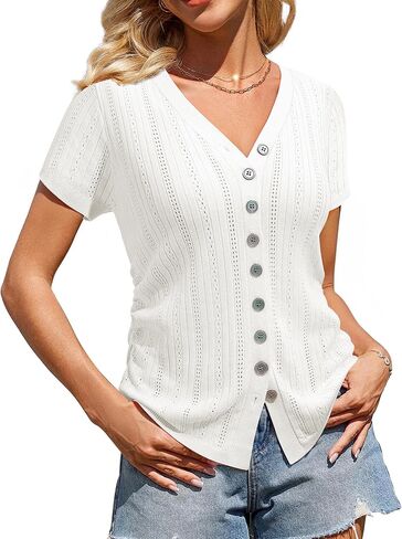 Messic Womens Short Sleeve Sweaters V Neck Casual Summer Knit Pullover Tops in Kuwait