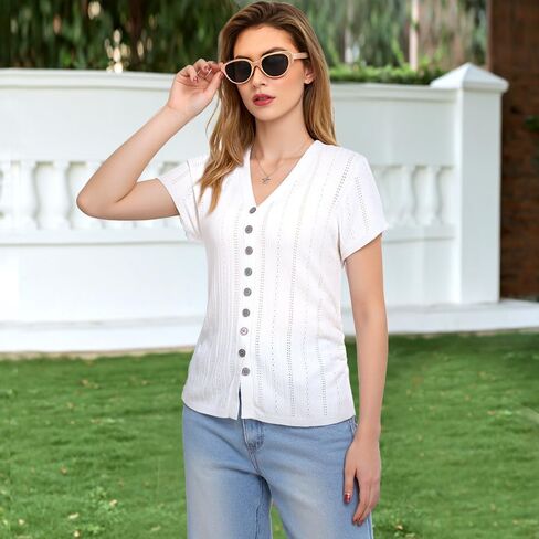 Messic Womens Short Sleeve Sweaters V Neck Casual Summer Knit Pullover Tops in Kuwait