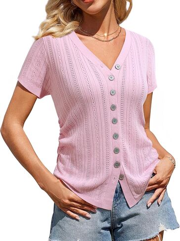 Messic Womens Short Sleeve Sweaters V Neck Casual Summer Knit Pullover Tops in Kuwait