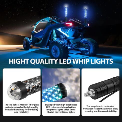 2pcs 1 قدم سوط سوط الدهون مع تحذير ضوء تحذير حلزوني LED مصابيح السوط مع التطبيق والتحكم عن بعد ، مطاردة سوط هوائي مضاءة ل utv atv can-am x3 rzr can-am polaris buggy keeproad (1 قدم) in Kuwait