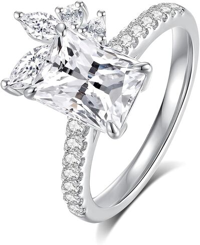 Moissanite Engagement Rings for Women,Emerald Cut D Color VVS1 Moissanite Ring,Sterling Silver Plated 18K White Gold Wedding Band Ring for Women in Saudi Arabia