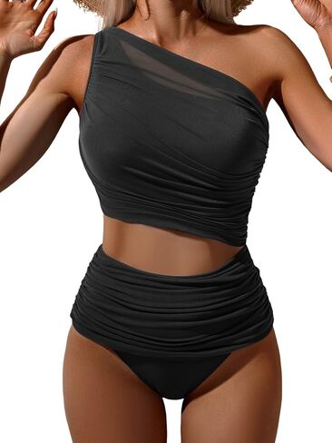 Bikini Sets for Women Tummy Control Two Piece Swimsuits Mesh One Shoulder Bathing Suits in Kuwait