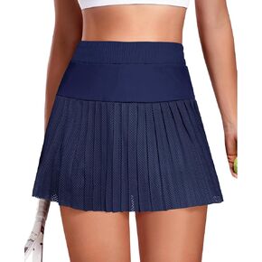 Fisoew Women's Mesh Tennis Skirts Built in Shorts High Waisted Pleated Athletic Golf Workout Skorts with Pockets