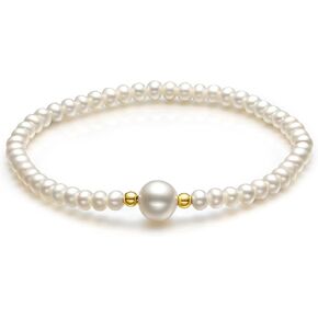 18K Gold Pearl Bracelets for Women 4.5mm Freshwater Pearls Stretch Beaded Bracelet AAA+ Quality White Pearl with 18K Real Gold Beads Dainty Jewelry for Her X199040 16/17/18/19cm