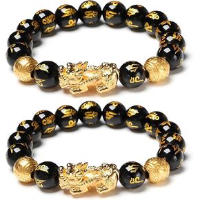 LIU JUN Fengshui Wealth And Luck Bracelet, Feng Shui Pixiu Black Obsidian Prosperity Buddha Beads Elastic Bracelets Wealthy For Women Men Jewelry Gifts