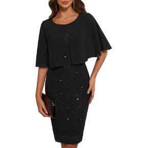 Women's Wedding Guest Cape Dress Cocktail Party Formal Chiffon Lace Sequin Dress