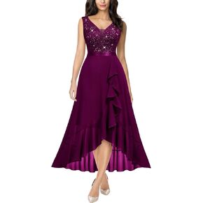 Miusol Women's Vintage V-Neck Sleeveless Sequined Floral Lace Ruffle Split Evening Party Dress