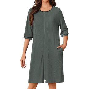 Ekouaer Zip Up Robes for Women Short Waffle Bathrobe Lightweight house coat 3/4 Sleeve Soft Nightgown with Pockets S-3XL