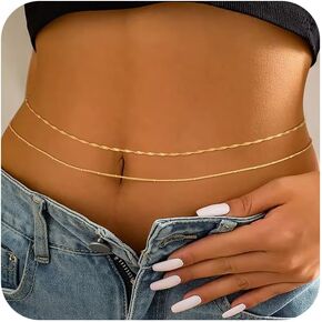 2PCS Gold Silver Waist Chain Adjustable Layered Belly Chain Body Chain Jewelry for Women Sexy Bikini Beach Boho Pearl Beaded Cuban Satellite Waist Chains