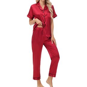 Women's Satin Pajama Set Short Sleeve Silk Top and Pants Set Classic Button Down 2-Piece Sleepwear Loungewear