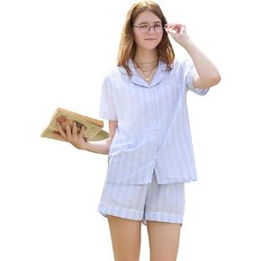 LYCY Women 100% Cotton Cute Short Pajama Set 2 Piece Casual Lounge Sets Y2k Plaid Pj Set