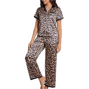 Women's 2 Piece Color Block Pajamas Leopard Print Short Sleeve Top and Pants Pajama Set