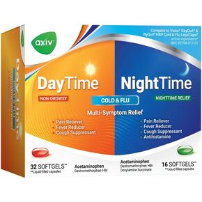 AXIV Day & Night Cold & Flu Medicine Combo Pack Softgels, Daytime & Nighttime Relief for Headache, Fever, Sore Throat, Minor Aches & Pains, & Cough, 48 Softgels