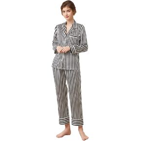 THXSILK Silk Women's Pajama 2-Piece Set, 6A Pure Mulberry Silk Round Neck Long Sleeve Nightwear with Long Pants