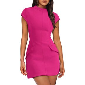 OFEEFAN Womens Summer Dress Mock Neck Short Sleeve Bodycon Party Club Mini Dresses