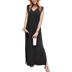 GRECERELLE 2025 Women Summer V-Neck Casual Loose Split Wrinkle-Free Long Maxi Beach Dress with Pockets in Kuwait