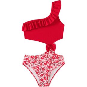 WDIRARA Girl's One Piece Floral One Shoulder Swimsuit Bowknot Ruffle Cut Out Swimwear