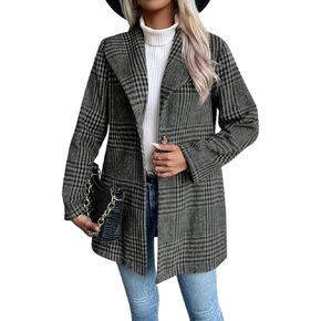 chouyatou Women's Vintage Plaid Blazer Wool Coat Elegant Shawl Collar Wool Blend Trench Pea Coat