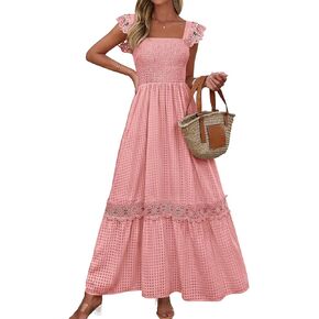 Prettygarden نساء مدخن الصيف الفساتين Maxi 2025 كأس الكشكش الأكمام مربعة الرقبة الدانتيل التفاصيل تدفق مع جيوب