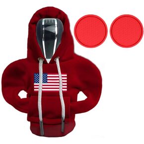 Car Gear Shift Hoodie, Gear Shift Cover Car Cup Coaster Set, Universal Car Shift Knob Hoodie, Mini Hoodie Automotive Interior Cute Gadgets Accessories (US Flag Gear Shift Cover+Red Coaster)