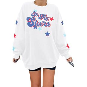 BANGELY American Flag Sweatshirt Women USA 4th of July Shirt Oh My Stars long sleeve shirts Patriotic Casual Pullover Top