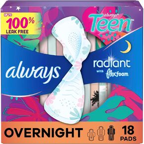 Always Radiant Teen Pads, Size 4, Overnight, with Wings, Unscented, 18 CT