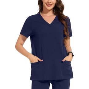 AMPOSH Women’s Scrub Top V-Neck Medical Scrub Shirts with 3 Pockets and Pen Slots
