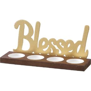 SOFE Gold Tea Light Candle Holders with Blessed Sign, Farmhouse Wood Candle Holder for Pillar Candle, 4 Pillar Candle Stand for Christmas, Thanksgiving, New Year, Tealight Candle Holders Decor