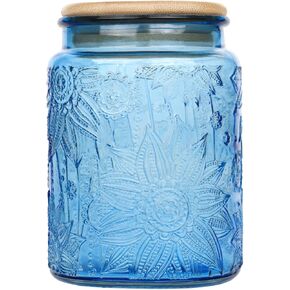 Blue Vintage Glass Candy Jar with Airtight Bamboo Lid, 23.7oz Kitchen Storage Canister for Sugar, Coffee, Tea, Cookies, Bath Salt - Decorative Mason Jar for Pantry & Counter(Blue, 23.7 fl oz)