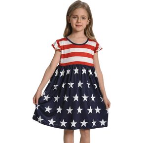 RONGTAI Girls 4th of July Dress Kids American Flag Patriotic Stars Striped Summer A Line Dresses for Kids Independence Day