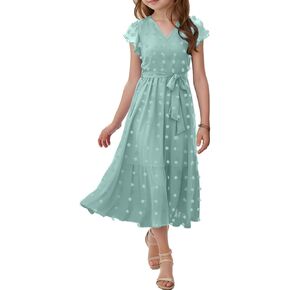 Girls Bohemian Dresses Casual V Neck Ruffle Cap Short Sleeve Swiss Dot A-Line Belt Pleated Hem Maxi Long Sun Flowy Dress