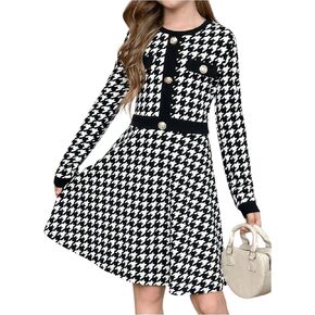 SweatyRocks Girl's Houndstooth طباعة خط اللباس Crewneck الزر الطويل الزر الأمامية القصيرة