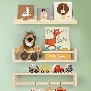 Floating Book Shelves for Wall, 16.5" Natural Wood Nursery Shelves for Book Storage, Solid Pine Wooden Floating Wall Bookshelf for Bedroom Living Room, Set of 2+1, Unfurnished - DIY