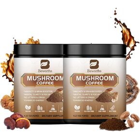2Pack Mushroom Coffee - Lions Mane Mushroom Powder Arabica القهوة الفورية مع Mane's Mane و Reishi و Chaga و Cordyceps و Turkey Tail - Sushroom Coffee Propear -Support Immune & Focus ، Brain Booster