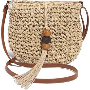 Handwoven Straw Bag for Women Vacation, Boho Beach Purse for Summer Wicker Crossbody Purse with Tassels