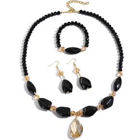 Bocar Black Glass Beaded Collar Necklace Earrings Bracelet Jewelry Set, Transparent Droplet Shaped Pendant Necklace for Women and Girls
