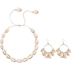 EVER FAITH Puka Shell Collar Necklace Dangle Hook Earrings for Women Summer Natural Handmade Boho Hawaiian Beach Seashell Jewelry Surfer Beachy Stuff Accessories