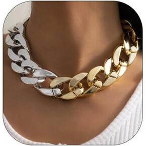 Punk Hip Hop Chunky Fake Gold Silver Chain Necklace for Women Men Plastic Rapper Big Chunky Gold Chain Halloween Party 80s/90s Costume Accessories