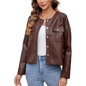 Ladyful Womens Crop Faux Leather Bomber Jacket Oversized Collarless Going Out Pu Moto Coat
