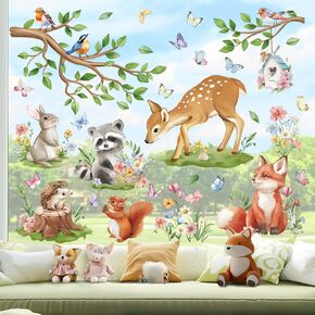 wondever Spring Forest Animal Window Clings Birds Tree Branch Deer Fox Glass Sticker Decal Anti Collision Double-Side Static Window Stickers for Kids Bedroom Windows Home Glass