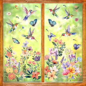 Spring Window Clings Spring Decorations Watercolor Flower Window Clings Reusable Removable for Glass Windows Living Room Nursery Room Home Hummingbirds in Spring Bloom 153 Pieces