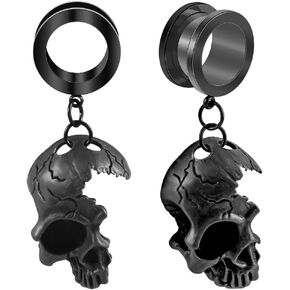 Vankula 2 PCS Black Skull Pendant Hypoallergenic Stainless Steel Plugs Ear Gauges Tunnels Piercing Expander Stretchers Fashion Body Jewelry