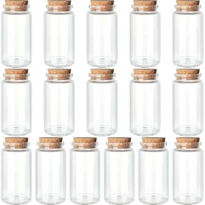 100ml /3.4 oz. 16pcs Small Glass Bottles with Cork Lids, Decorative Bottles, Small Jars Vials, Magic Spell Jars, Potion Bottles, Message in a Bottle, Cut Jar for Wedding Decoration Party Favors