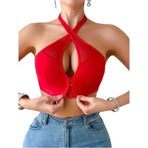 MakeMeChic Women's Halter Bra Front Closure Bralette Mesh Wireless Underwear